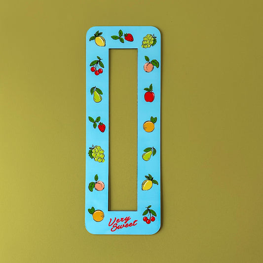 Vintage fruit photo booth magnet frame with retro fruit illustrations